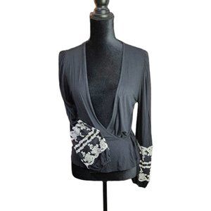❤️2/$18 Blue Rain Black Tie Front Warp up Cardigan Cover-Up Top S